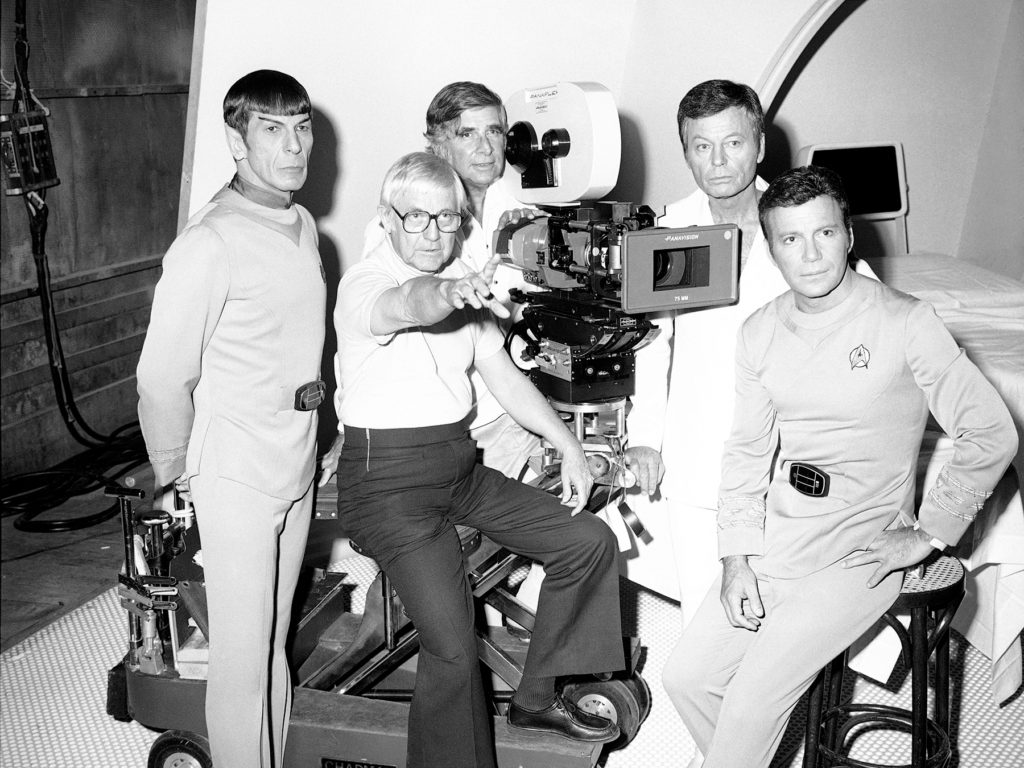 The movie, "Star Trek," is now in production in Hollywood, Nov. 8, 1978, involving members of the original television series team: from left, Leonard Nimoy, director Robert Wise, producer Gene Roddenberry, Deforest Kelley and William Shatner. Nine years after the cancellation of the television show, the space adventure's popularity is stronger than ever. The film, with the same cast as the show, is budgeted at $20 million-- more than all the 79 television episodes cost. (AP Photo)