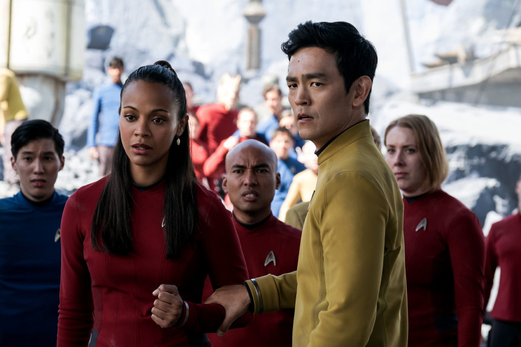 Left to right: Zoe Saldana plays Uhura and John Cho plays Sulu in Star Trek Beyond from Paramount Pictures, Skydance, Bad Robot, Sneaky Shark and Perfect Storm Entertainment