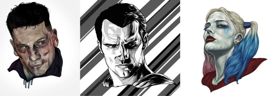 berkay-daglar-portraits-punisher-superman-harley-quinn