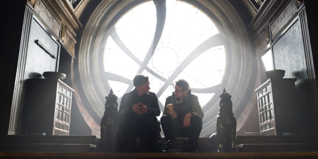 Marvel's DOCTOR STRANGE L to R: Benedict Cumberbatch (Doctor Strange) and Director Scott Derrickson on set. Photo Credit: Jay Maidment ©2016 Marvel. All Rights Reserved.