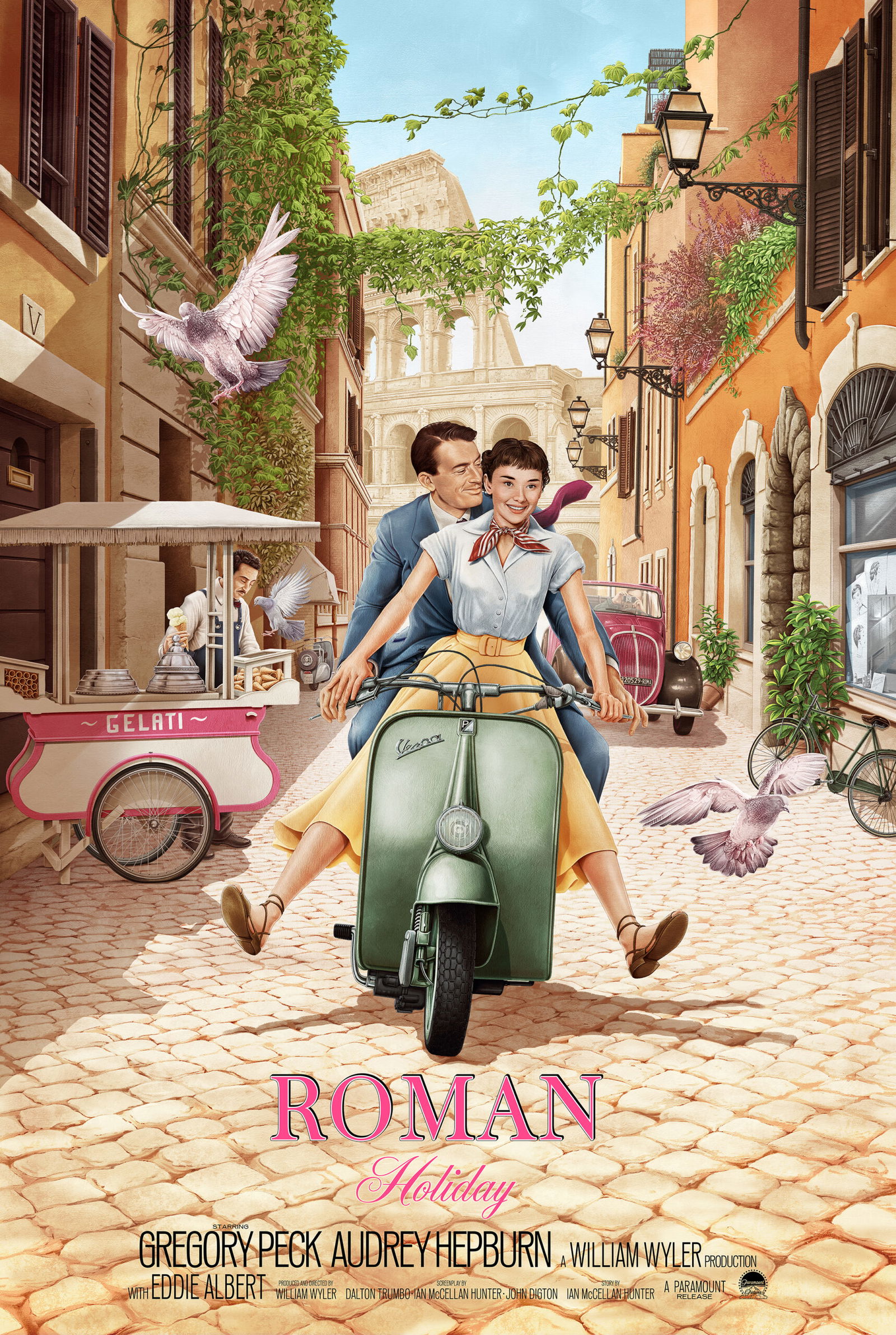 Poster art for Roman Holiday featuring Audrey Hepburn, Gregory Peck on a bicycle on a cobblestone street of a small European town