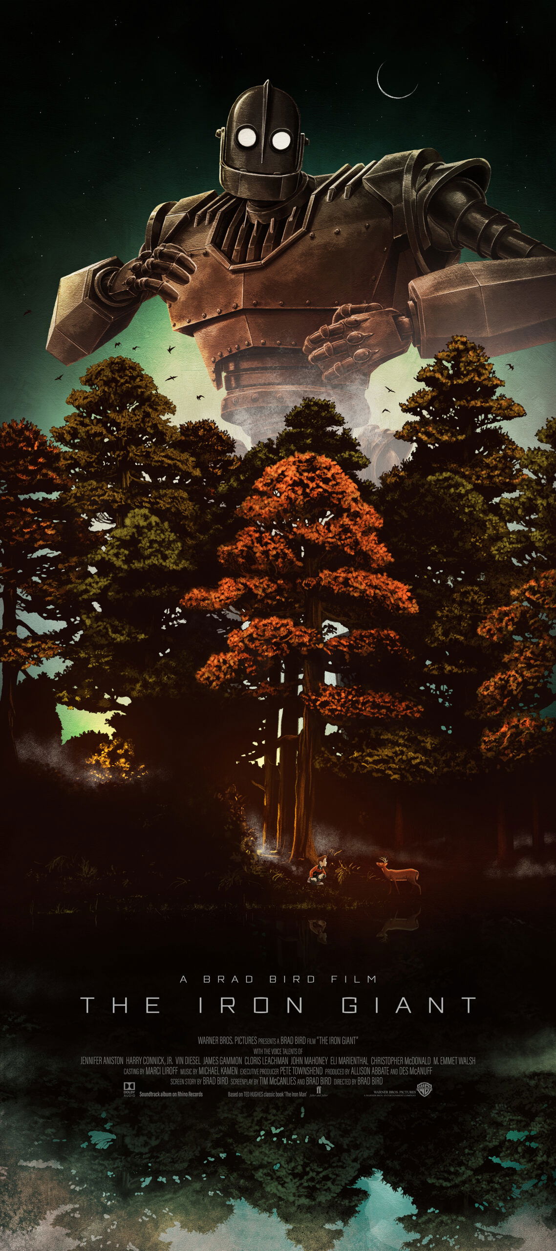 Poster art of The Iron Giant with fall trees reflecting on a lake