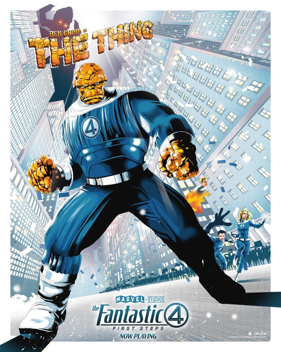 Poster for the film Fantastic 4 First Steps depicting The Thing character in a downtown fight scene